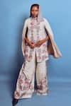 Buy_Shruti Sancheti_White Monga Silk Band Collar Handwoven Chintz Jamewaar Cape And Pant Set _Online_at_Aza_Fashions