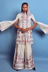 Shop_Shruti Sancheti_White Monga Silk Band Collar Handwoven Chintz Jamewaar Cape And Pant Set _Online_at_Aza_Fashions