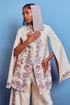 Buy_Shruti Sancheti_White Monga Silk Band Collar Handwoven Chintz Jamewaar Cape And Pant Set 