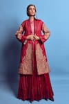 Shop_Shruti Sancheti_Maroon Matka Silk Embroidered Paisley Shawl Collar Floral Long Jacket _at_Aza_Fashions