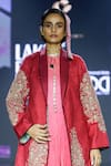 Shruti Sancheti_Maroon Matka Silk Embroidered Paisley Shawl Collar Floral Long Jacket _Online_at_Aza_Fashions