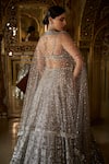 Shop_Seema Gujral_Silver Net Embroidery Square Sweetheart Neck Geometric Motif Bridal Lehenga Set _at_Aza_Fashions