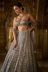 Seema Gujral_Silver Net Embroidery Square Sweetheart Neck Geometric Motif Bridal Lehenga Set _Online_at_Aza_Fashions