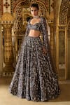 Buy_Seema Gujral_Black Net Embroidery Floral Sweetheart Neck Crystal Bridal Lehenga Set _at_Aza_Fashions