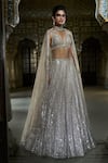 Buy_Seema Gujral_Silver Net Embroidery Mirror Plunge Neck Linear Lehenga Set _at_Aza_Fashions