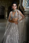 Shop_Seema Gujral_Silver Net Embroidery Mirror Plunge Neck Linear Lehenga Set _at_Aza_Fashions