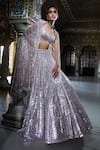 Shop_Seema Gujral_Rose Gold Net Embroidery Mirror Square Neck Geometric Bridal Lehenga Set _Online_at_Aza_Fashions