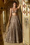 Seema Gujral_Gold Net Embroidery Sequin Sweetheart Neck Antique Crystal Bridal Lehenga Set _Online_at_Aza_Fashions