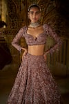 Shop_Seema Gujral_Purple Net Embroidery Floral Sweetheart Neck Bloom Crystal Bridal Lehenga Set _Online_at_Aza_Fashions