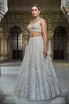 Seema Gujral_Ivory Lehenga Organza Embroidery Mirror Plunge Neck Scallop Trimmed Work Set _Online_at_Aza_Fashions