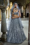 Buy_Seema Gujral_Grey Organza Embroidery Abstract Scoop Neck Mirror Bridal Lehenga Set _at_Aza_Fashions