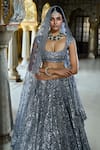 Shop_Seema Gujral_Grey Organza Embroidery Abstract Scoop Neck Mirror Bridal Lehenga Set _Online_at_Aza_Fashions