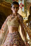 Seema Gujral_Multi Color Net Embroidery 3d Floral U Neck Ombre Bridal Lehenga Set _Online_at_Aza_Fashions