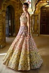 Shop_Seema Gujral_Multi Color Net Embroidery 3d Floral U Neck Ombre Bridal Lehenga Set _Online_at_Aza_Fashions