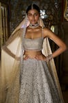 Seema Gujral_Grey Lehenga And Blouse Net Embroidery Geometric Cutwork Square Cut Bridal Set _Online_at_Aza_Fashions