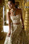 Shop_Seema Gujral_Ivory Net Embroidery 3d Floral Straight Neck Bridal Lehenga And Corset Set _at_Aza_Fashions