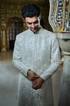 Shop_Seema Gujral_Ivory Sherwani Raw Silk Embroidery Mirror Set _at_Aza_Fashions