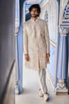 Buy_Seema Gujral_Beige Sherwani Raw Silk Embroidery Dori Abstract Set _at_Aza_Fashions