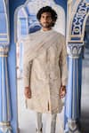 Shop_Seema Gujral_Beige Sherwani Raw Silk Embroidery Dori Abstract Set _at_Aza_Fashions