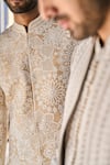 Seema Gujral_Beige Sherwani Raw Silk Embroidery Dori Abstract Set _at_Aza_Fashions