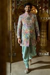 Buy_Seema Gujral_Green Sherwani Raw Silk Embroidery Thread Flower Set _at_Aza_Fashions