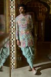 Shop_Seema Gujral_Green Sherwani Raw Silk Embroidery Thread Flower Set _at_Aza_Fashions