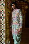 Seema Gujral_Green Sherwani Raw Silk Embroidery Thread Flower Set _Online_at_Aza_Fashions