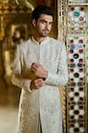 Seema Gujral_Ivory Sherwani Raw Silk Embroidery Thread Set _Online_at_Aza_Fashions