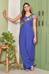 Buy_SAMMOHI BY MOKSHA AND HIRAL_Blue Georgette Organza Embroidered Thread V-neck Floral Hand Jumpsuit _at_Aza_Fashions