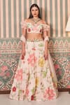 Buy_SAMMOHI BY MOKSHA AND HIRAL_Pink Blouse Dupion Silk Embroidered Thread Off-shoulder Floral Jal Lehenga Set _at_Aza_Fashions