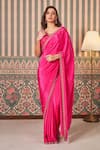 Buy_SAMMOHI BY MOKSHA AND HIRAL_Pink Blouse Dupion Silk Embroidered Beads V-neck Scallop Border Saree With _at_Aza_Fashions