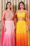 SAMMOHI BY MOKSHA AND HIRAL_Yellow Blouse And Skirt Georgette Embroidered Sequin Blunt -v Lehenga Set _at_Aza_Fashions