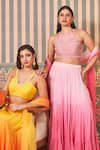 SAMMOHI BY MOKSHA AND HIRAL_Pink Blouse And Skirt Georgette Round Sequin Blunt Shaded Embroidered Lehenga Set _Online_at_Aza_Fashions