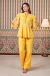 Buy_SAMMOHI BY MOKSHA AND HIRAL_Yellow Dupion Silk Embroidery Floral V-neck Peplum Tunic With Pant _at_Aza_Fashions