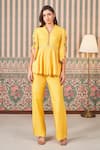 SAMMOHI BY MOKSHA AND HIRAL_Yellow Dupion Silk Embroidery Floral V-neck Peplum Tunic With Pant _Online_at_Aza_Fashions