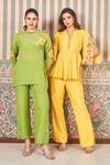 SAMMOHI BY MOKSHA AND HIRAL_Yellow Dupion Silk Embroidery Floral V-neck Peplum Tunic With Pant _at_Aza_Fashions