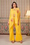 Buy_SAMMOHI BY MOKSHA AND HIRAL_Yellow Bustier Dupion Silk Embroidery Beads Cape Floral Applique And Pant Set _at_Aza_Fashions