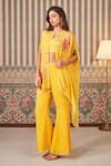 SAMMOHI BY MOKSHA AND HIRAL_Yellow Bustier Dupion Silk Embroidery Beads Cape Floral Applique And Pant Set _Online_at_Aza_Fashions