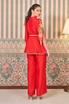 Shop_SAMMOHI BY MOKSHA AND HIRAL_Red Dupion Silk Embroidery Floral V-neck Applique Peplum Tunic With Pant _at_Aza_Fashions