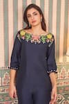 Shop_SAMMOHI BY MOKSHA AND HIRAL_Blue Dupion Silk Embroidery Pearls Boat Neck Floral Applique Tunic With Pant _Online_at_Aza_Fashions