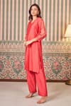 Buy_SAMMOHI BY MOKSHA AND HIRAL_Coral Chanderi Silk Embroidery V-neck Kurta With Pant _Online_at_Aza_Fashions