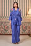 Buy_SAMMOHI BY MOKSHA AND HIRAL_Blue Chanderi Silk Embroidery Floral Sailor Collar Peplum Tunic With Pant _at_Aza_Fashions