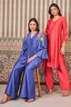 SAMMOHI BY MOKSHA AND HIRAL_Blue Chanderi Silk Embroidery Floral Sailor Collar Peplum Tunic With Pant _Online_at_Aza_Fashions