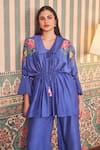 SAMMOHI BY MOKSHA AND HIRAL_Blue Chanderi Silk Embroidery Floral Sailor Collar Peplum Tunic With Pant _at_Aza_Fashions