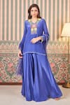 Buy_SAMMOHI BY MOKSHA AND HIRAL_Blue Kurta And Sharara Crepe Silk Embroidery Beads V-neck Floral Short & Set _at_Aza_Fashions