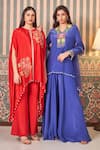 SAMMOHI BY MOKSHA AND HIRAL_Blue Kurta And Sharara Crepe Silk Embroidery Beads V-neck Floral Short & Set _at_Aza_Fashions