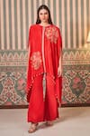 Buy_SAMMOHI BY MOKSHA AND HIRAL_Red Crepe Silk Embroidery Beads Round Floral Applique Asymmetric Cape With Pant _at_Aza_Fashions