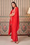 Buy_SAMMOHI BY MOKSHA AND HIRAL_Red Crepe Silk Embroidery Beads Round Floral Applique Asymmetric Cape With Pant _Online_at_Aza_Fashions