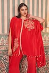 Shop_SAMMOHI BY MOKSHA AND HIRAL_Red Crepe Silk Embroidery Beads Round Floral Applique Asymmetric Cape With Pant _Online_at_Aza_Fashions