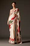 Buy_Rohit Bal_Orange Crepe Print Rose Bloom Saree And Unstitched Blouse Piece Set _at_Aza_Fashions